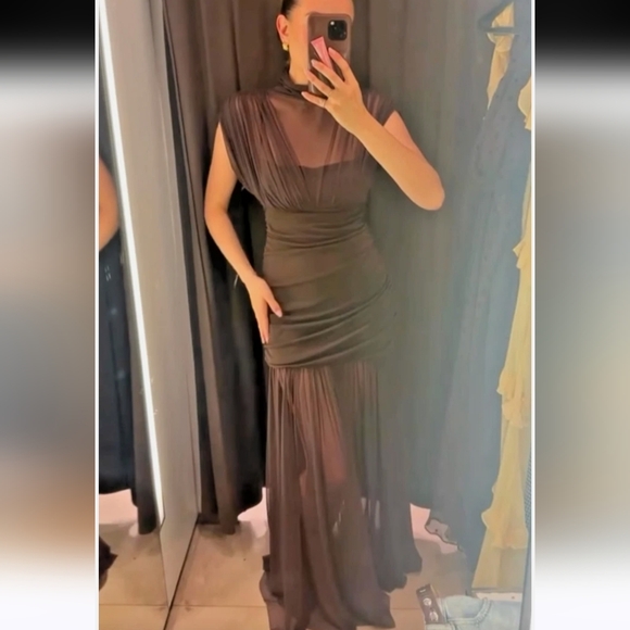 Zara Brown Draped Maxi Dress with Sheer Skirt - Picture 12 of 16